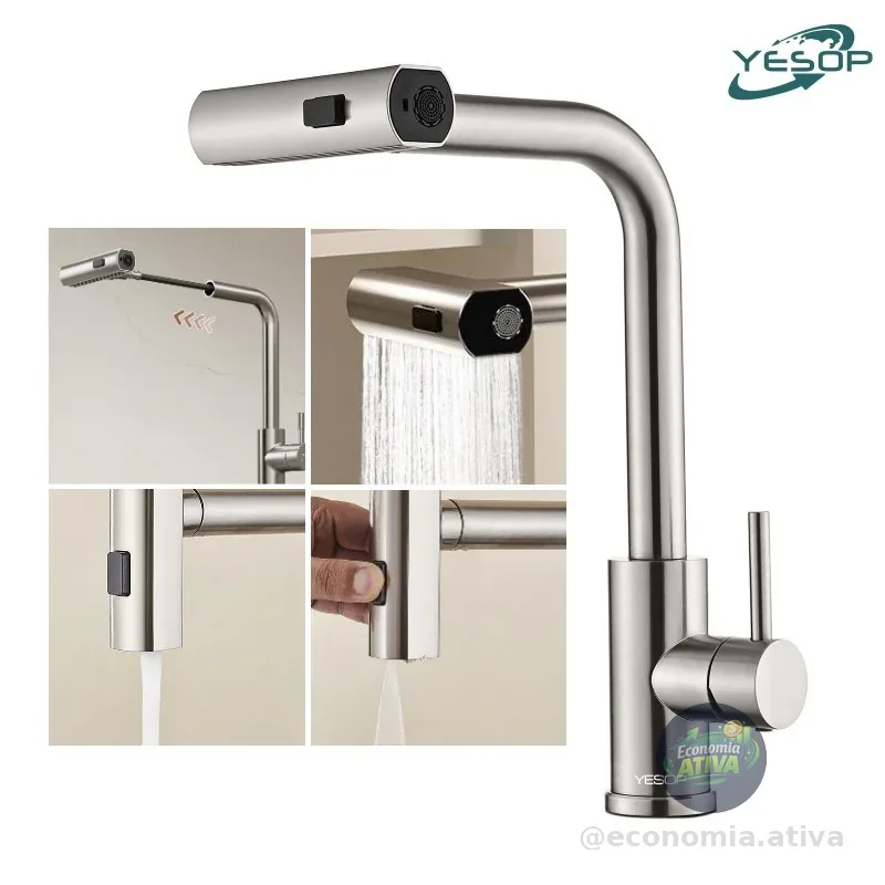YESOP Torneira Cascata Cozinha Gourmet Monocomando Extensível Inox 304 Escovada 3 Modos Ducha Spray