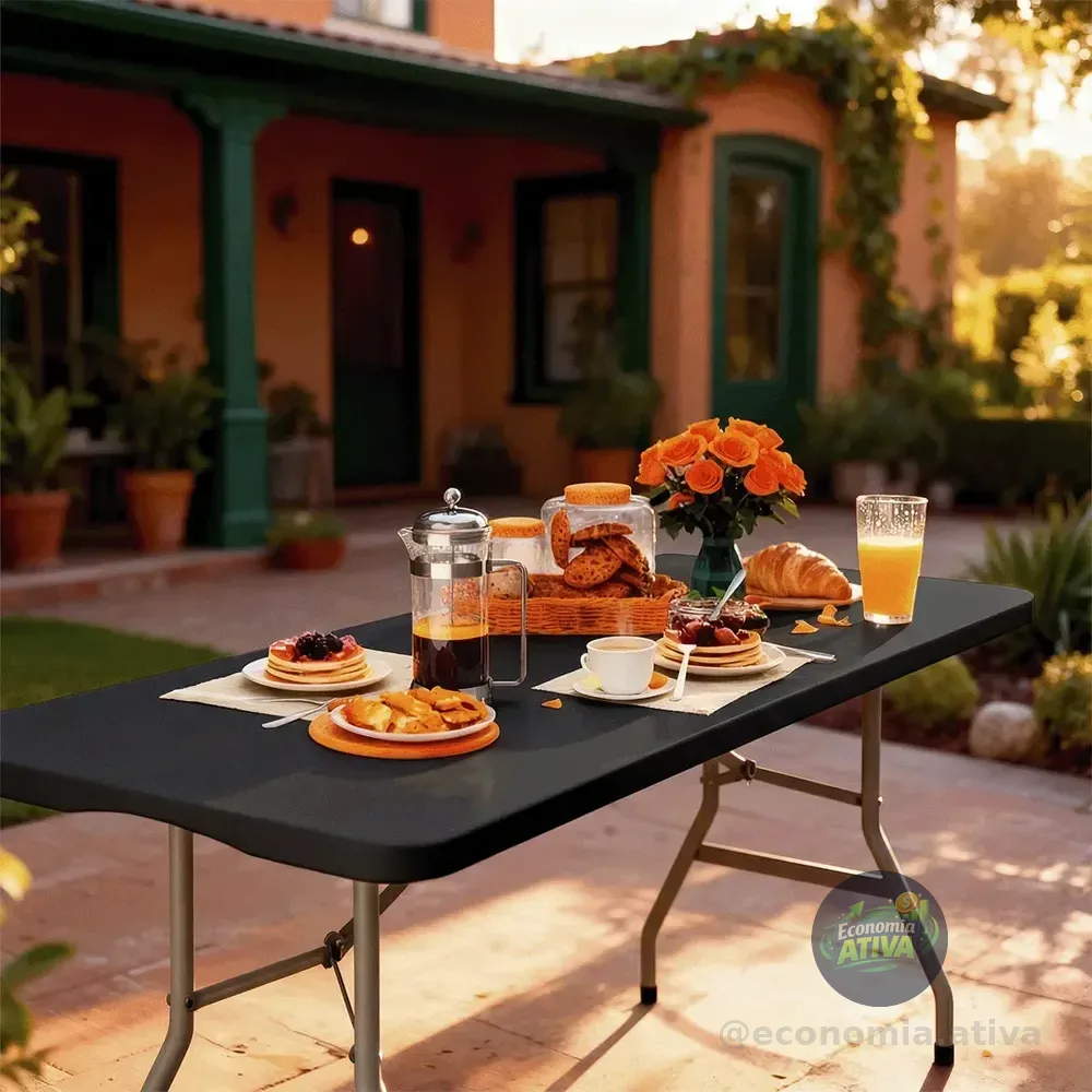 Mesa Dobrável Portátil 1,80m Com Alça Camping Polietileno Preto