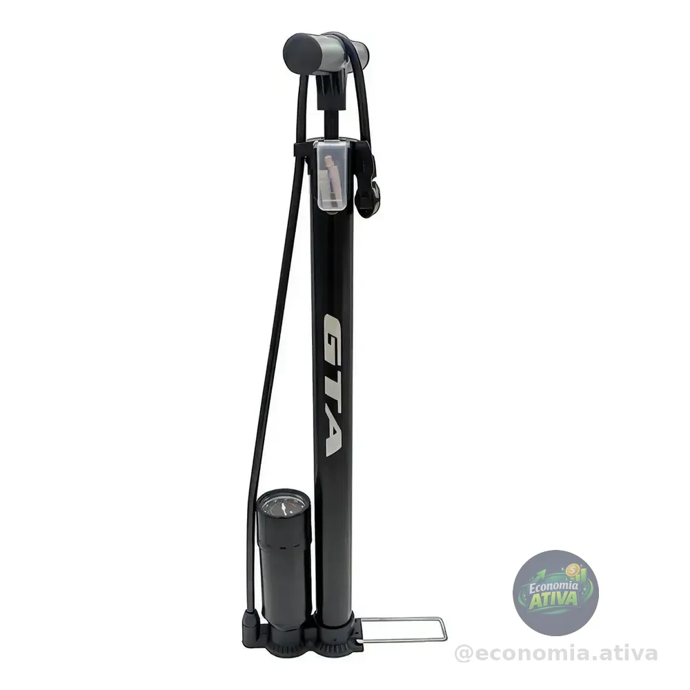 Bomba De Ar Manual C/ Manômetro Bidirect Bico Presta Grosso Cor Preto