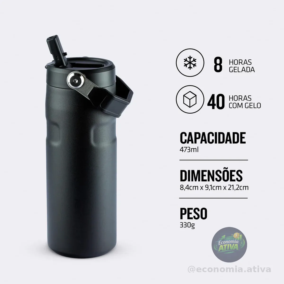 Stanley - Garrafa de Água Aerolight Flip Straw, Canudo Integrado, Abertura Grande, Aço Inoxidável Leve, 473ml Black