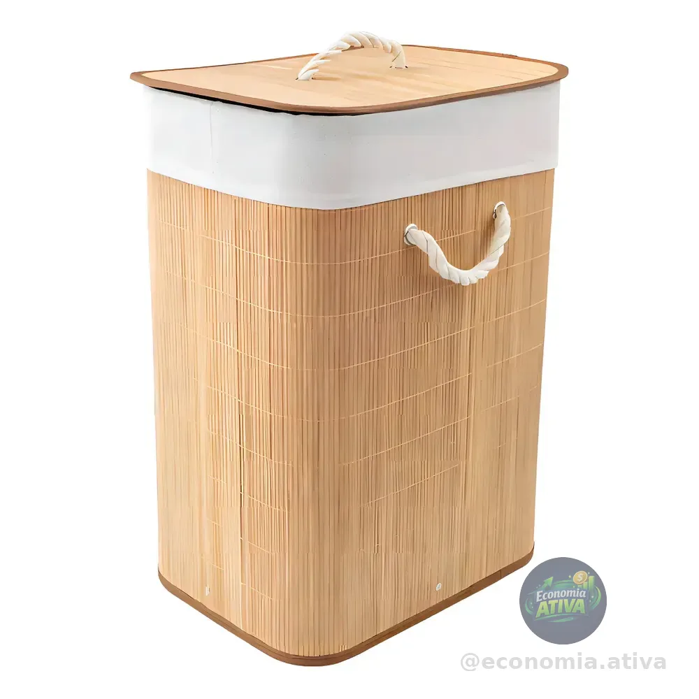 Cesto Para Roupas Bambu Dobrável Com Tampa Bege 60l 