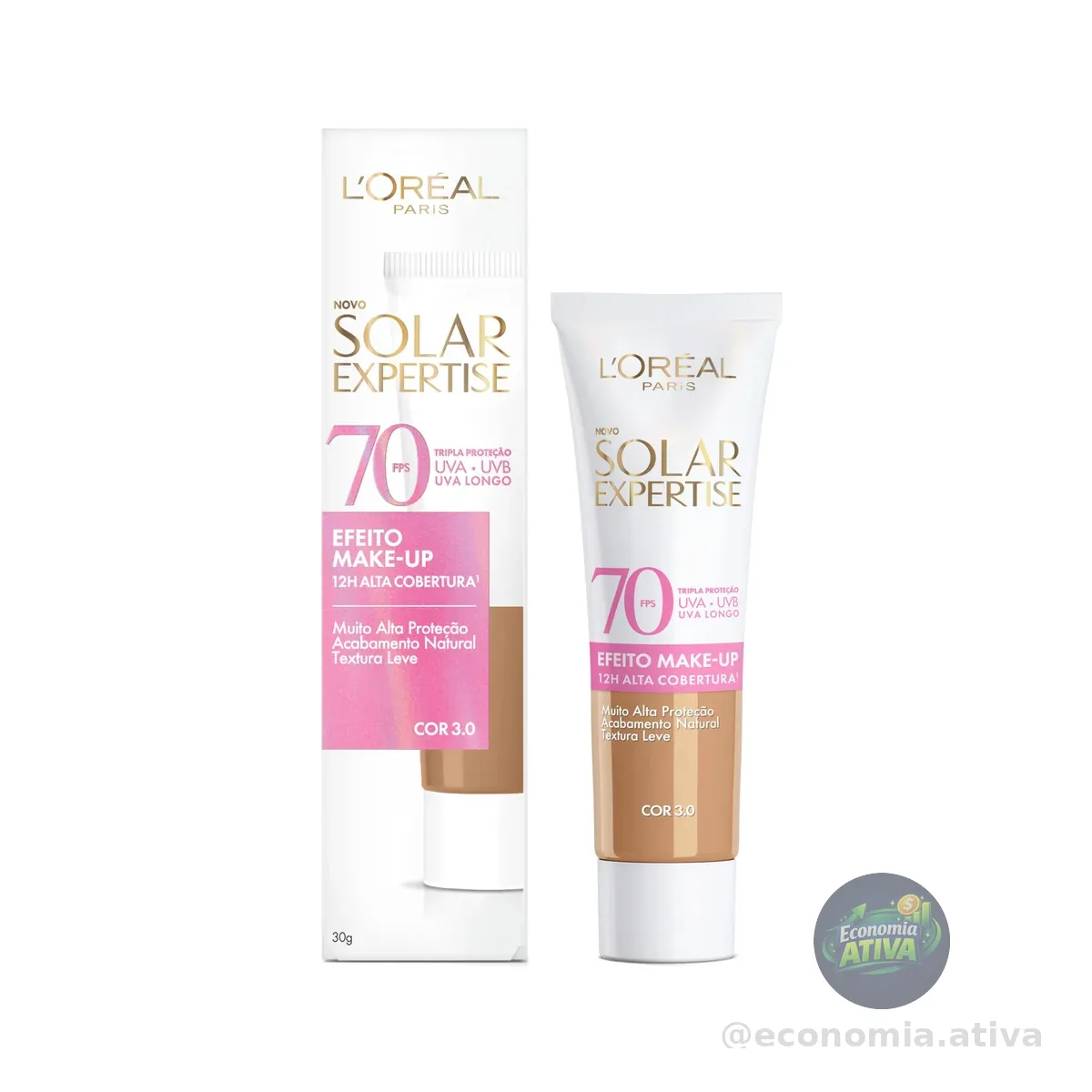 L'Oréal Paris Solar Expertise Efeito Makeup FPS 70, Protetor Solar Facial com Cor e Alta Cobertura de Base por 12H, Previne Rugas e Manchas, Cor 3.0, 40g