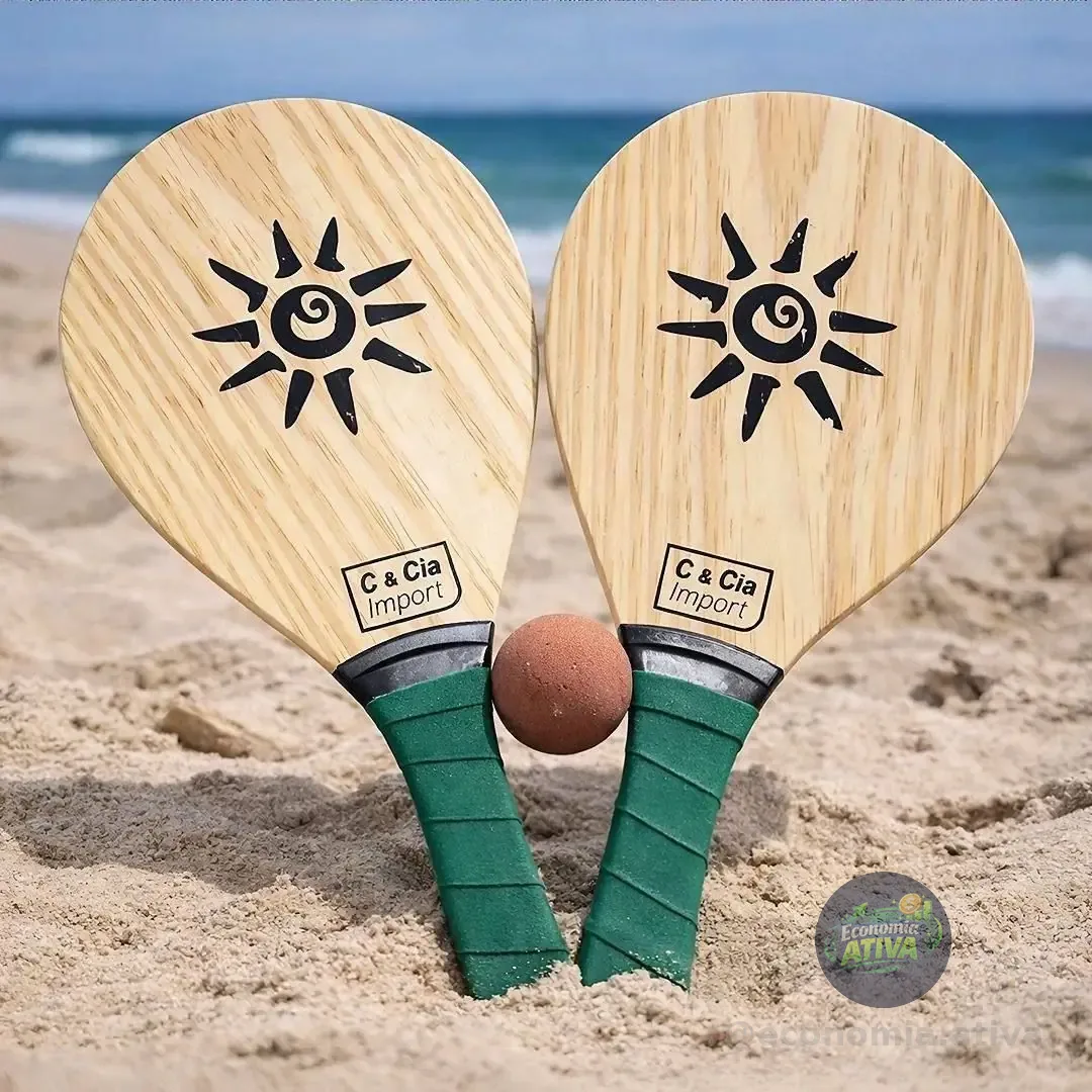 Kit Jogo Frescobol Tênis De Praia 2 Raquetes Madeira + Bola