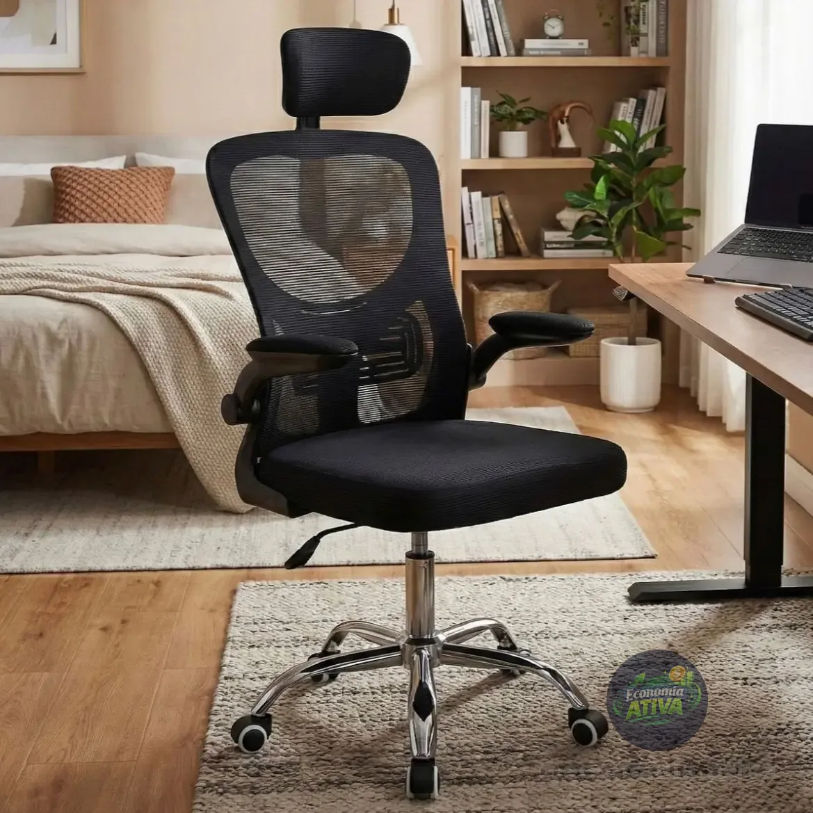 Cadeira Escritório Ajuste Lombar Encosto De Cabeça Preto Malha
