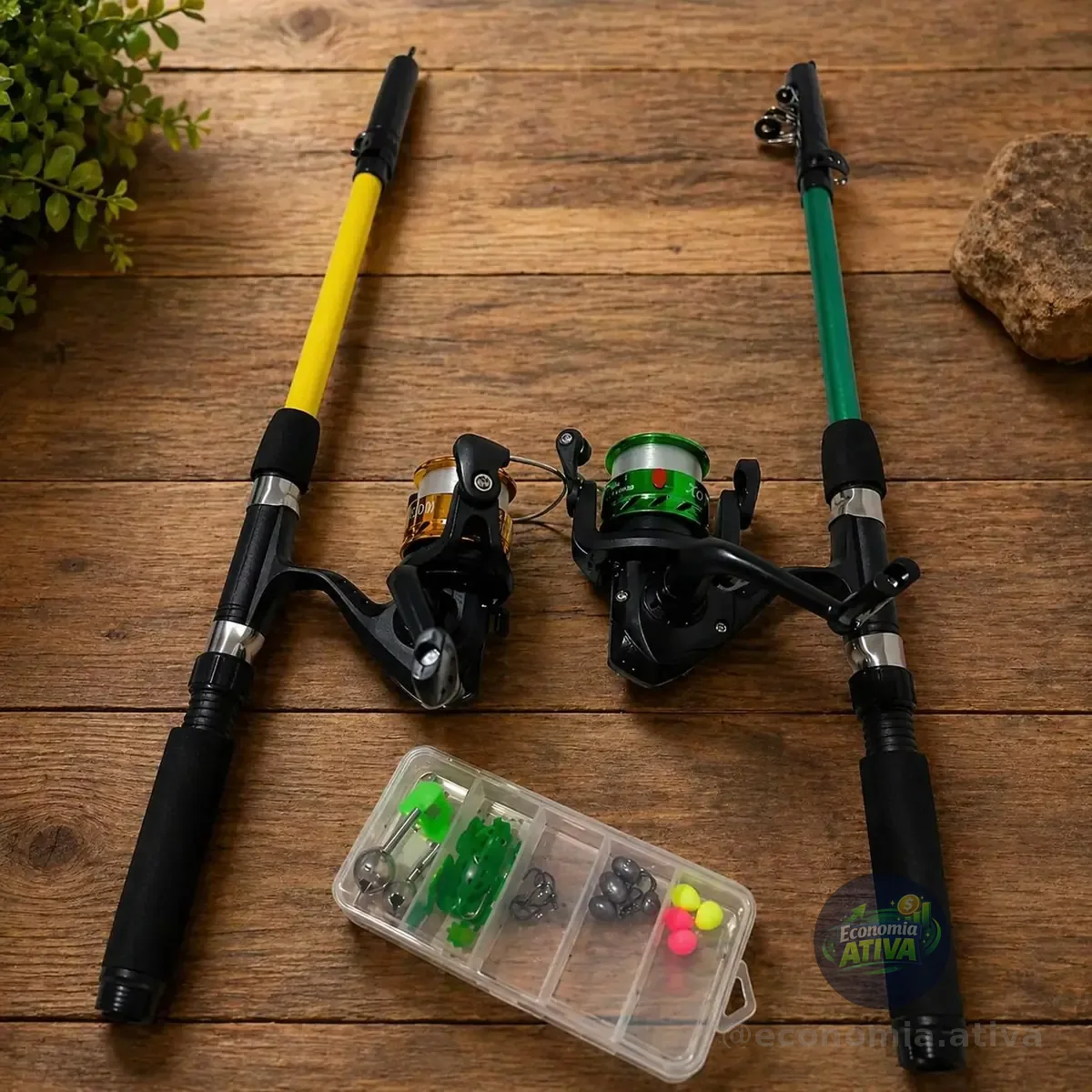 Kit Vara de Pesca • 2 Varas Telescópica 1.50 m • ⁠2 Molinete de Pesca Ultra Light • ⁠3 Rolamentos com linha de Nylon • ⁠1 Pacote com Acessórios