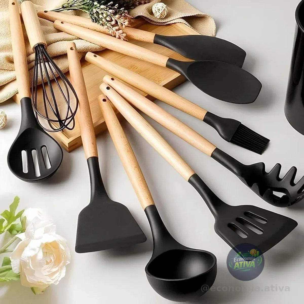 Kit C/12 Utensílios De Cozinha Silicone Cabo Madeira