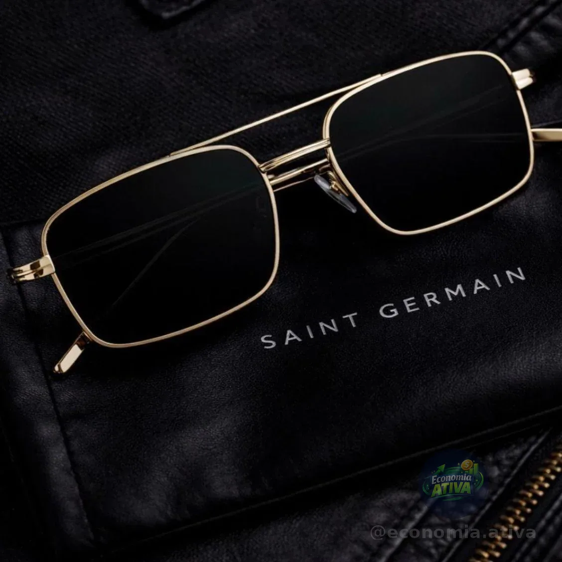Óculos De Sol Uv400 Saint Germain Smith Black Gold Quadrado Dourado Preto