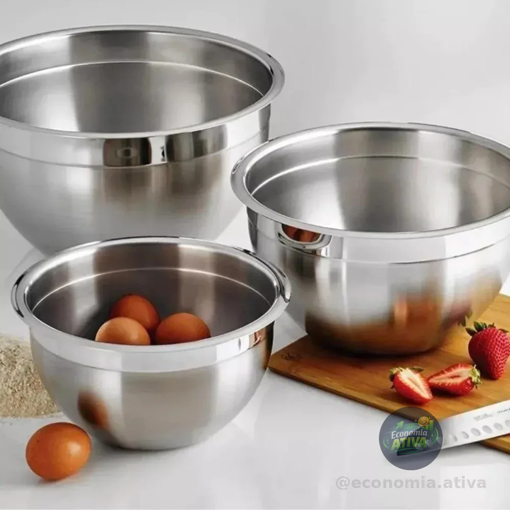 Conjunto 3 Tigelas Fundo Bowl Em Aco Inox Redonda Mundilar Cinza