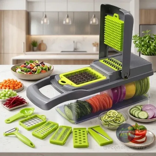 Cortador Fatiador Ralador De Legumes Multifuncional 16 Em 1 Mandolin Julienne Picador Triturador De Verduras Frutas Com Lâminas Inox Recipiente Coletor Manual Cozinha - Honey Play Box Verde/preto