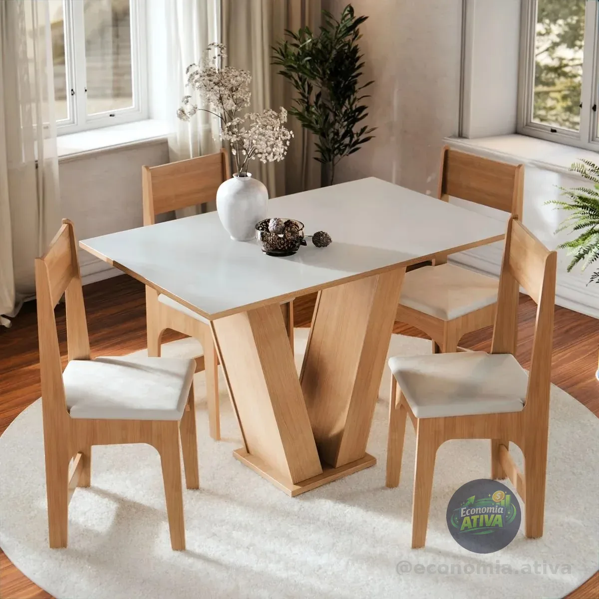 Conjunto De Jantar Vivi Com 4 Cadeiras Estofadas, Mesa Retangular Tampo Branco Off E Base Mel Mel Off Liso