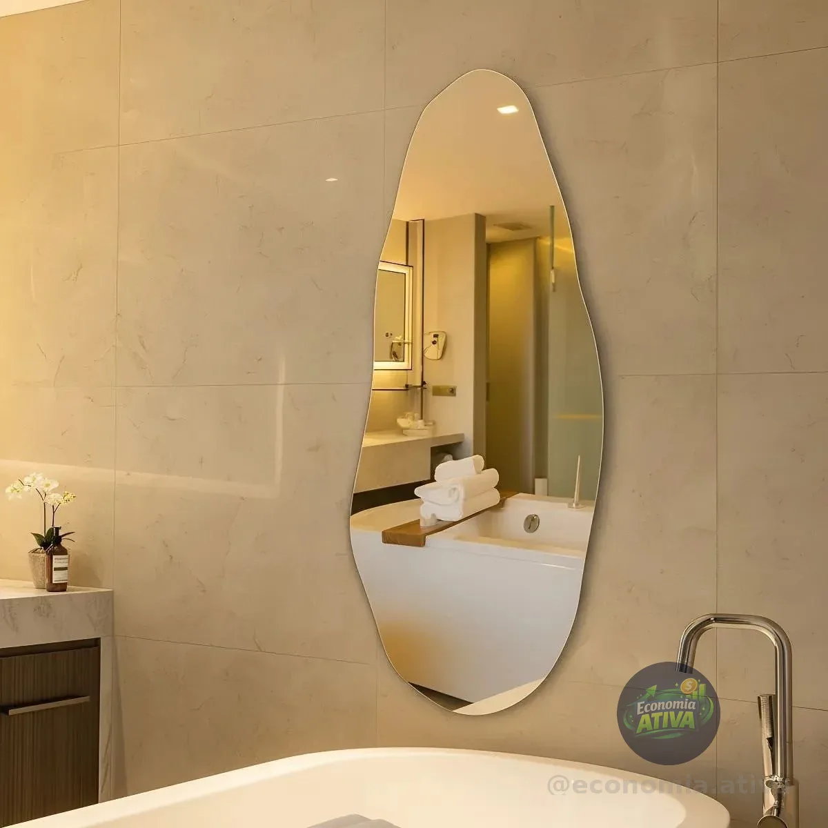 Espelho Orgânico 70cm Decoração Lapidado Design Moderno Luxo Quarto Sala Banheiro Hall Decorativos Camarin Polido Sem Moldura Vmex