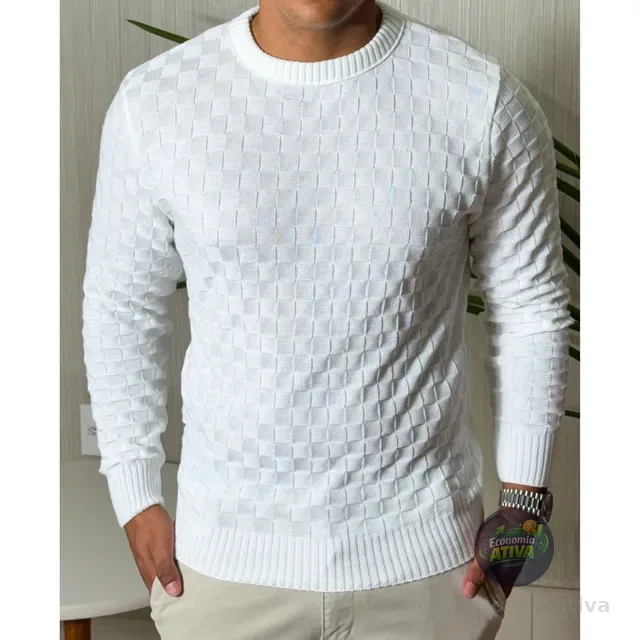 Suéter Masculino Lã Tricot Manga Longa Xadrez Blusa De Frio