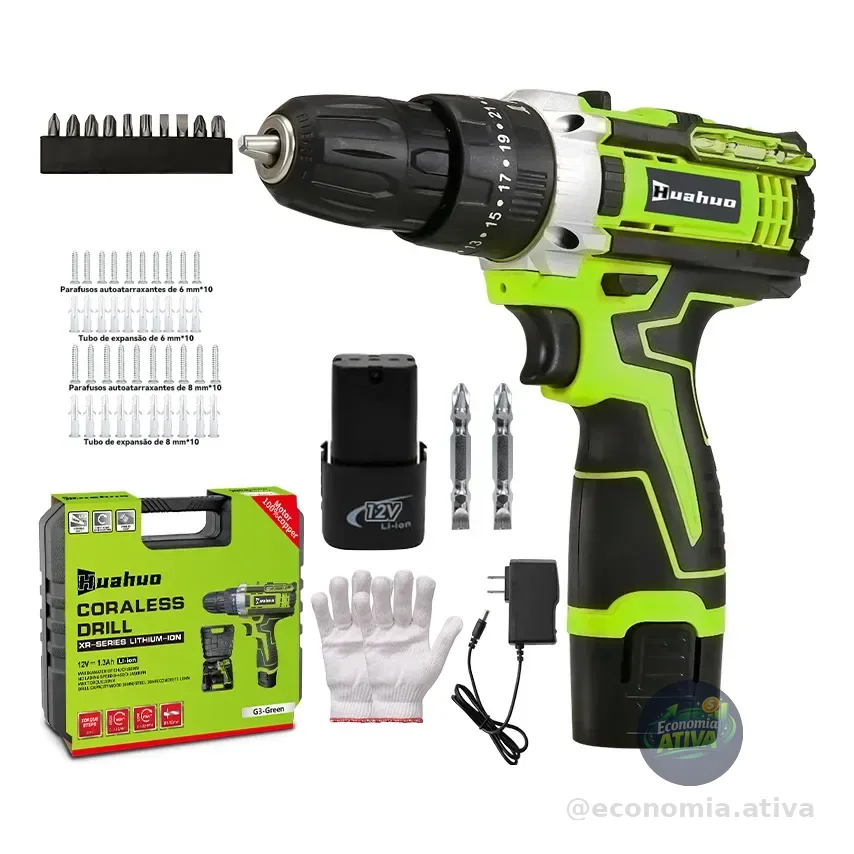 Huahuo Parafusadeira E Furadeira Eletrica - A Bateria 12v Verde 12v 50 Hz/60 Hz