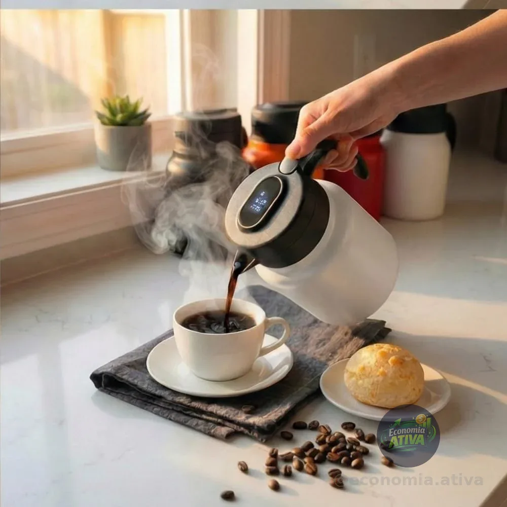 Garrafa Térmica Inox Premium com Termômetro LED, 1 Litro, para Café e Chá, Vedação Hermética, Filtro em Aço Inox 304, Isolamento a Vácuo (Branco)