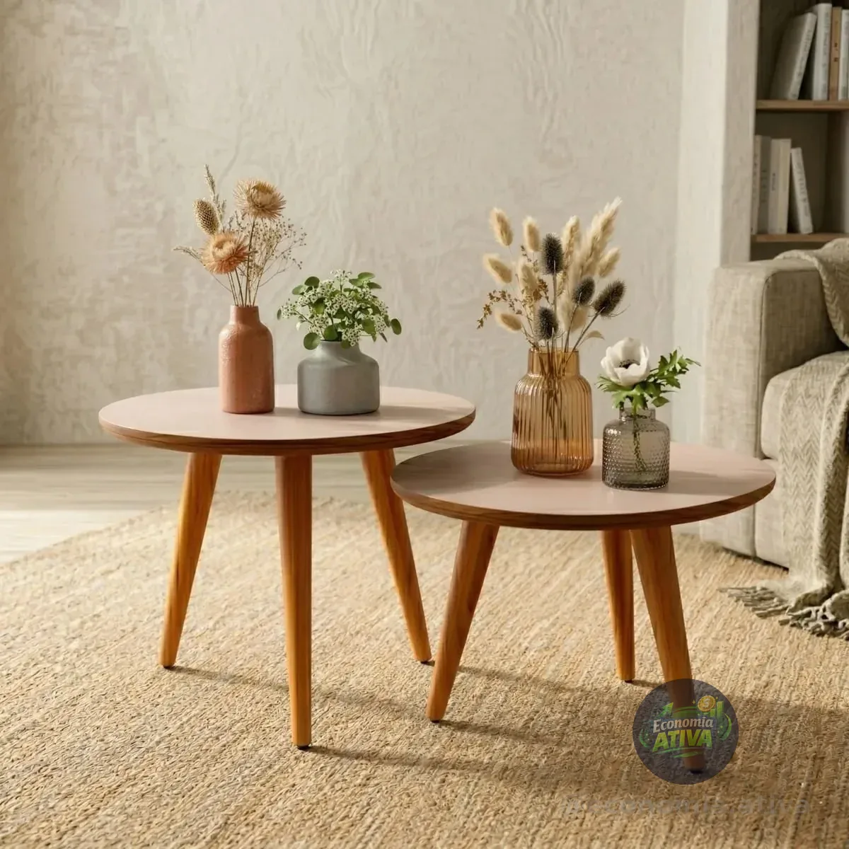 Conjunto Mesa De Centro Para Sala Lateral Redonda Pés Palito