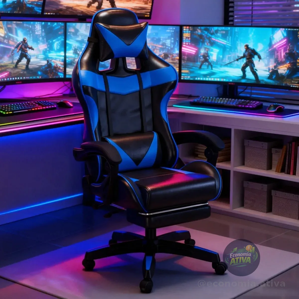 Cadeira Escritório Gamer Ergonômica Reclinável Giratoria Preto/azul Couro Sintético