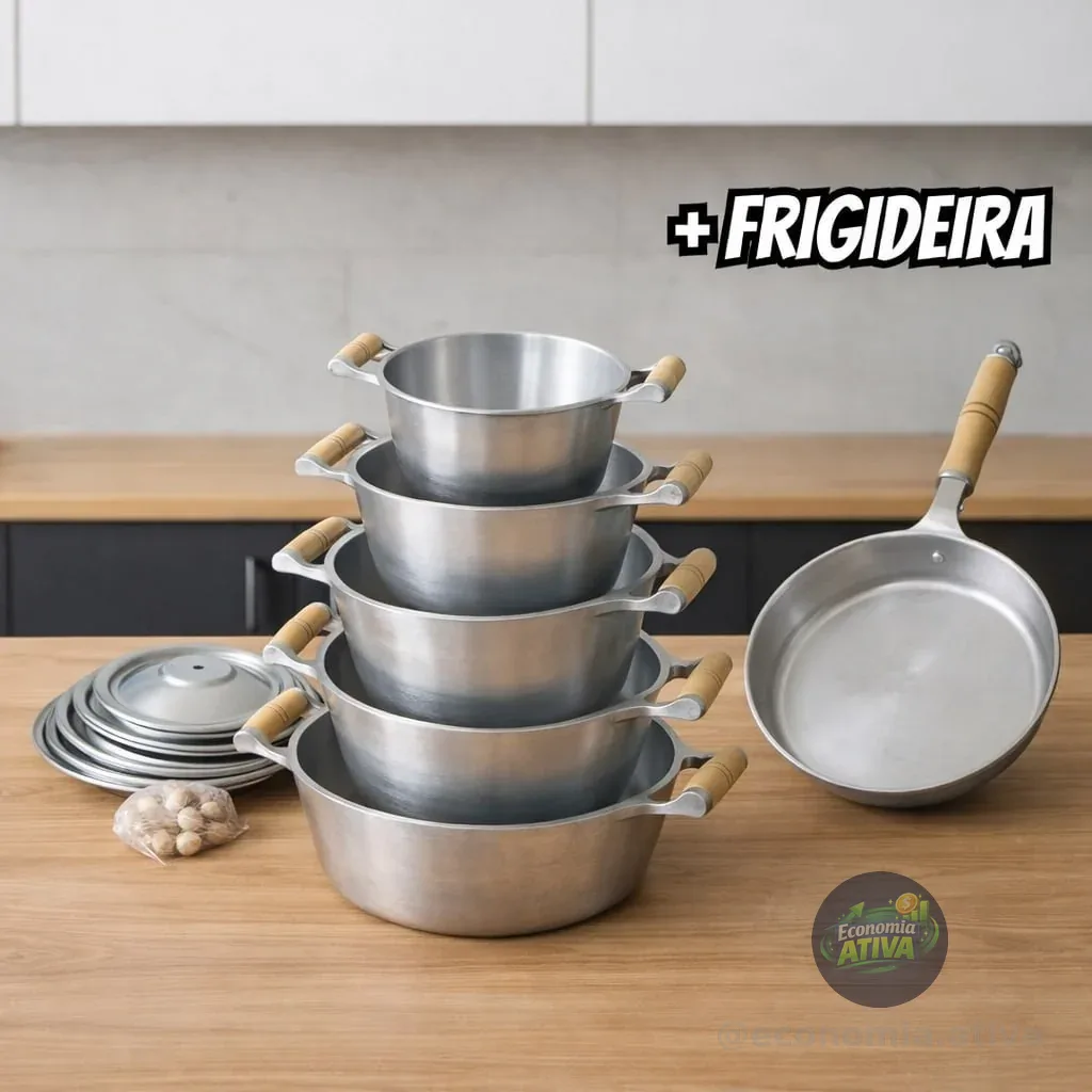 Conjunto Panelas Alumínio Batido Fundido + Frigideira Grossa Prateado