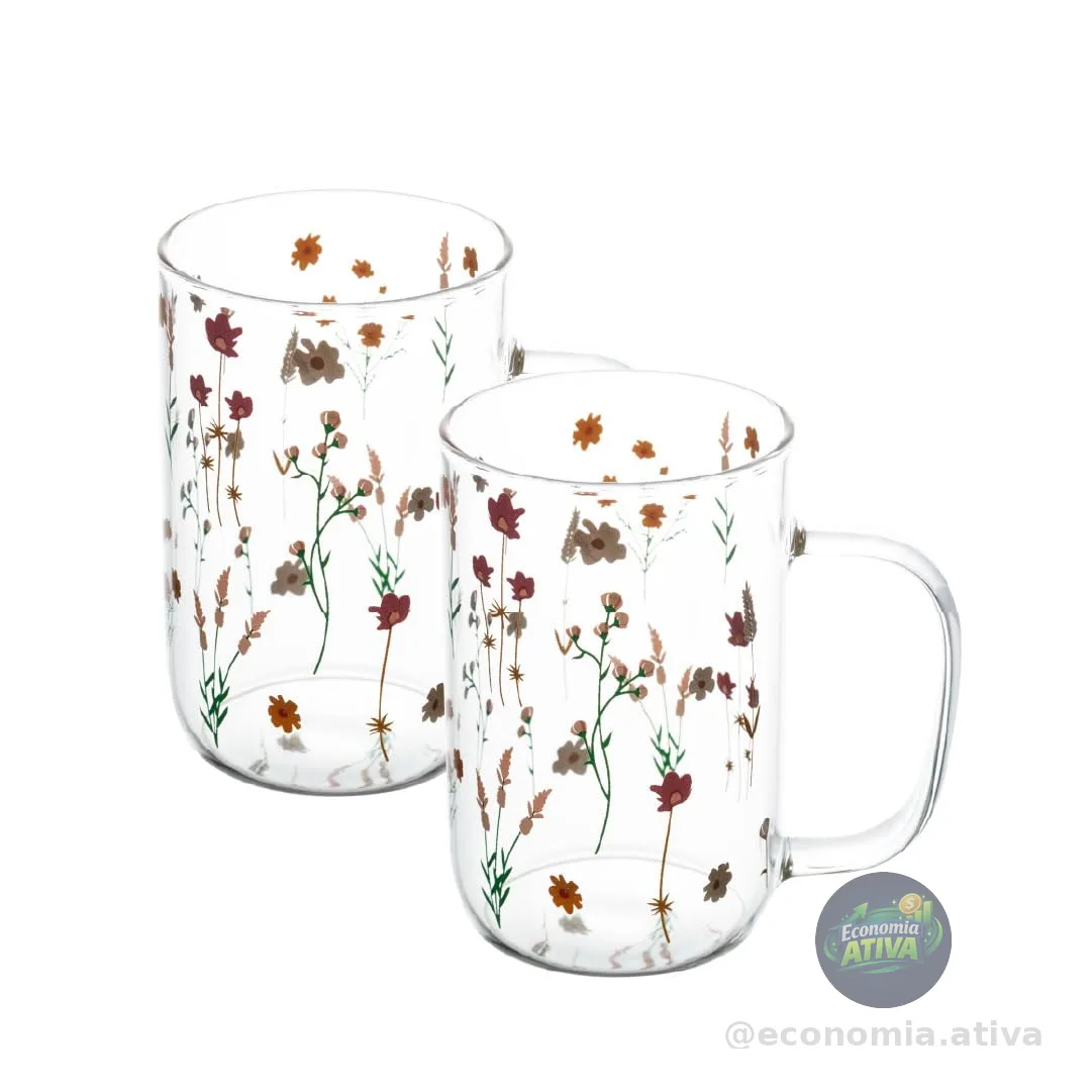 WOLFF - Conjunto 2 Canecas de Vidro Borossilicato Resistente a Calor Bouquet 280ml