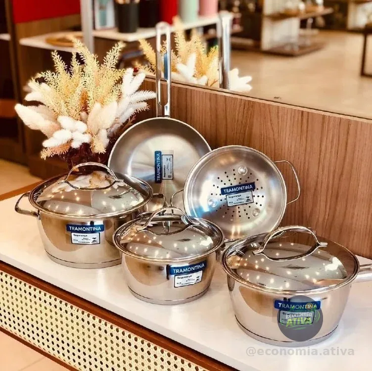 Jogo De Panelas Tramontina Allegra Em Aço Inox Com Fundo Triplo 5 Peças