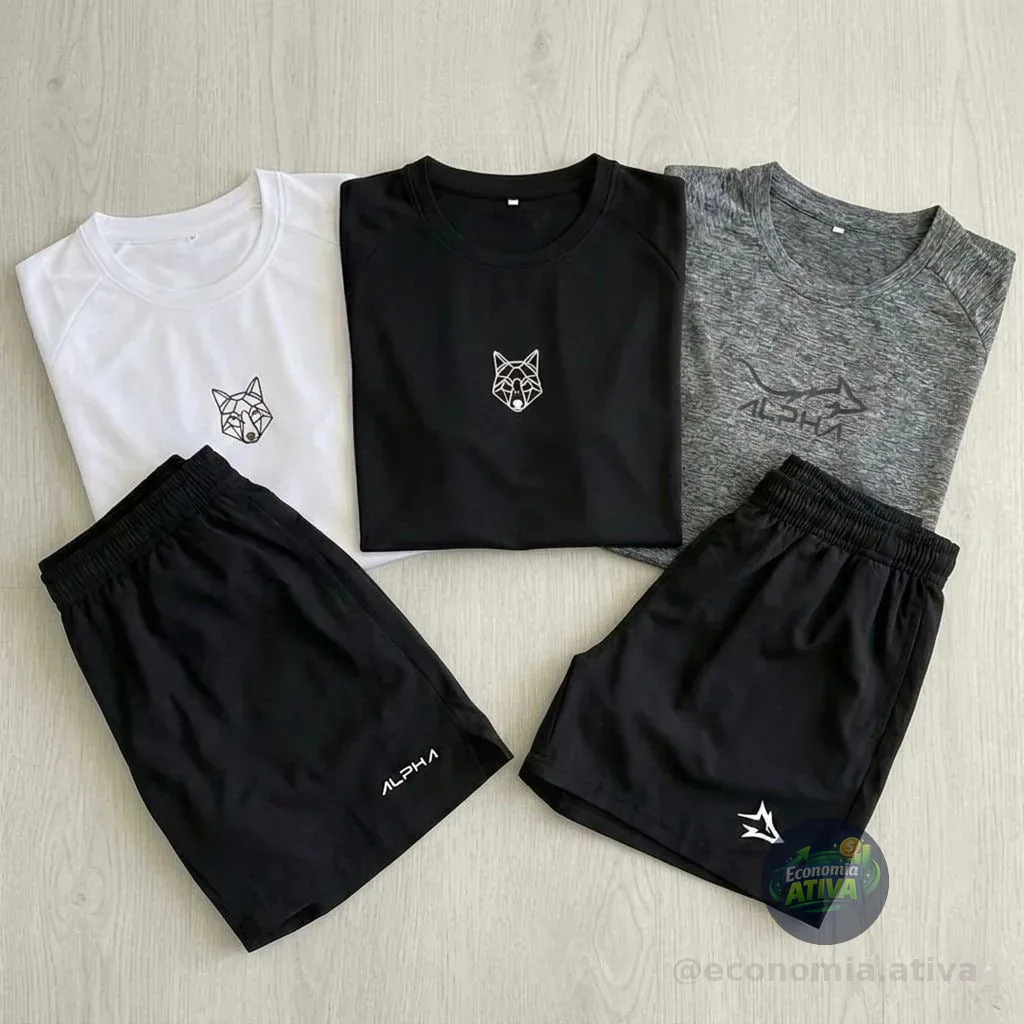 Kit 5 Peças All Black Dry 3 Camisetas E 2 Bermudas Alpha