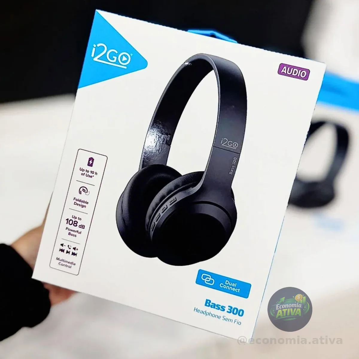 I2GO, Headphone Bass 300, Bluetooth, Microfone Integrado, Controle Multimídia, Até 10h de bateria, Tecnologia Dual Connect, Entrada cabo auxiliar P2 (incluso), Dobrável, Preto