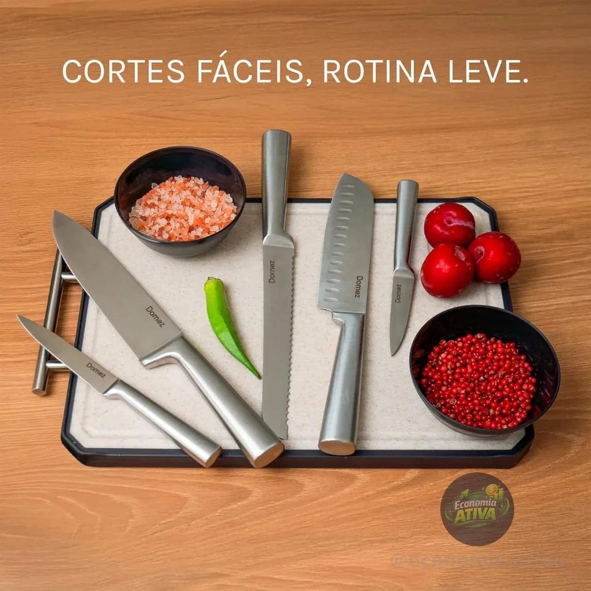 DOMEZ Jogo de 5 Facas Inox 4Cr13 | Conjunto de Facas de Cozinha Profissional | Faca Chef, Faca de Pão e Faca Churrasco | Design Ergonômico e Resistente à Ferrugem