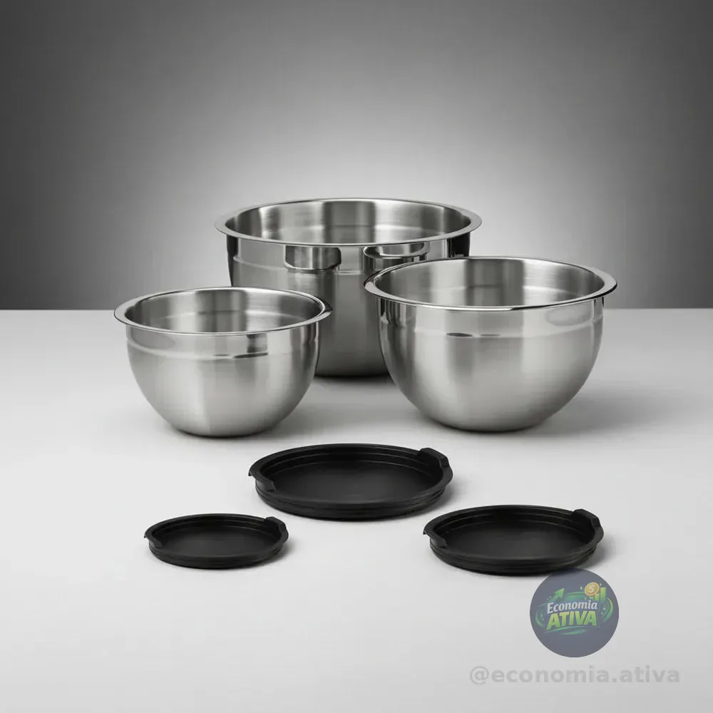Vittak Conjunto 3 Bowls De Inox Com Tampas Plásticas Utensílios De Cozinha Tamanhos Variados