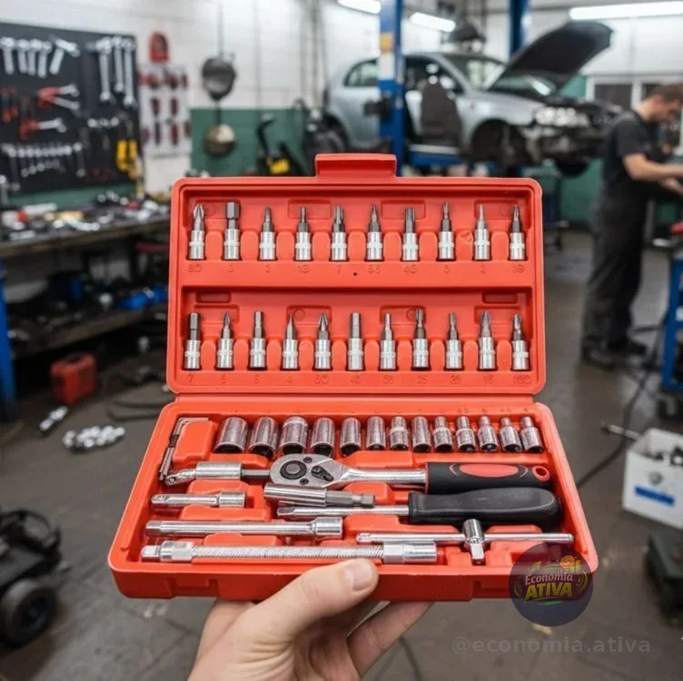 Jogo De Ferramentas Kit Multiuso Soquete 1/4 46 Peças Profissional Com Maleta Completa Aço Cromado Chaves Bits Catraca... Vermelho