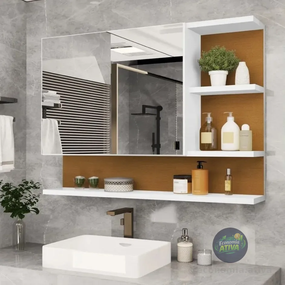Espelheira Cleopatra De 60  Para Banheiro Com Espelho E Porta Nature/branco