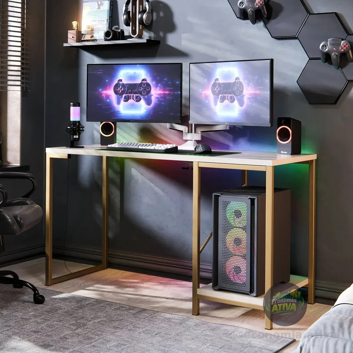 Escrivaninha Gamer Tokyo Mdf Mesa Para Computador Home Office E Estudos Com Suporte Para Cpu E Prateleira Lateral... Dourado/off White