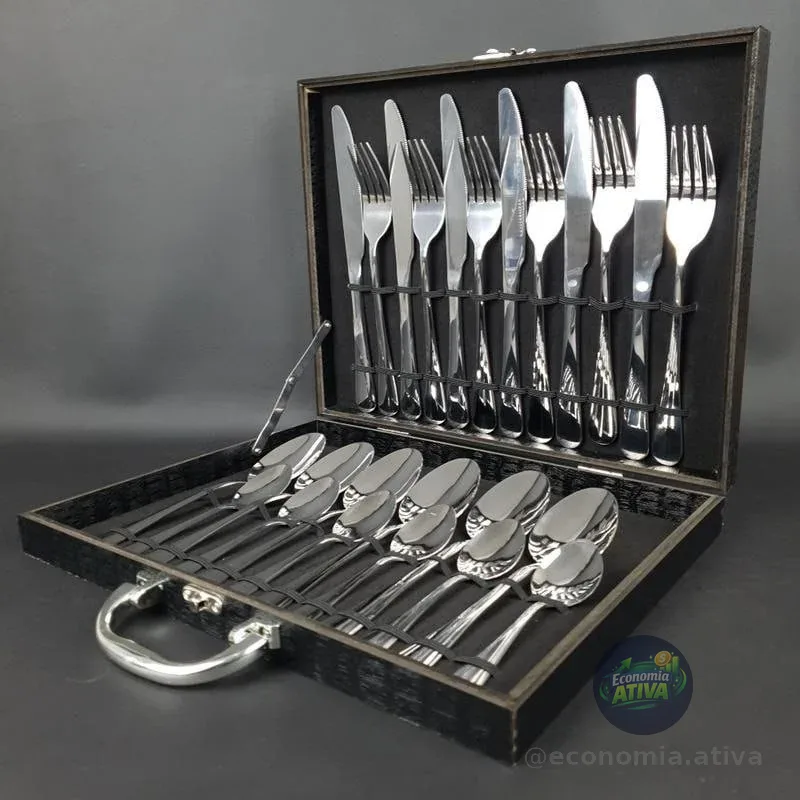 Kit 24 Faqueiro Prateada Talheres Luxo Premium Com Maleta Prateado