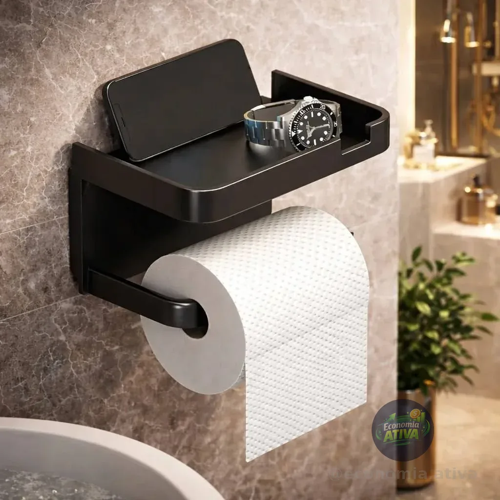 Suporte Papel Higiênico Adesivo De Parede Com Prateleira Porta Celular Sem Furo Ligeiro Preto