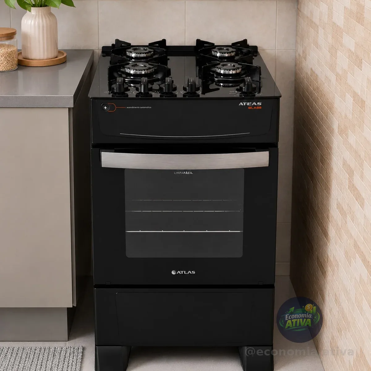 Fogão 4 Bocas Atlas Atenas Glass Com Mesa De Vidro E Acendimento Automático A Gás Com Forno De 50 Litros Preto Bivolt 127/220v Preto 127/220v