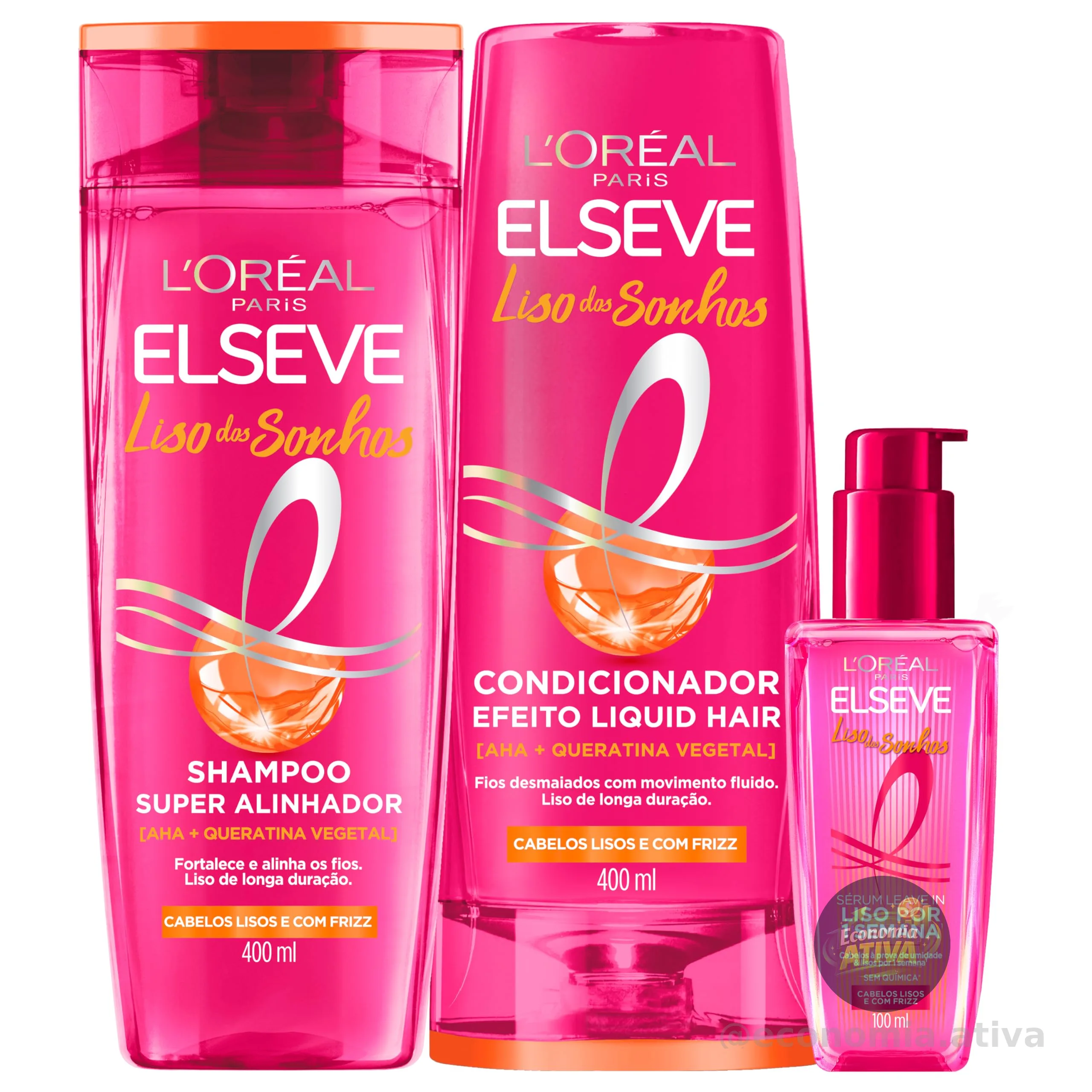 L'Oréal Paris Elseve Liso dos Sonhos Kit Shampoo, Condicionador e Sérum, com Tecnologia Ativada por Calor para um Liso por 1 Semana, Efeito Antifrizz e Barreira Protetora Contra Umidade