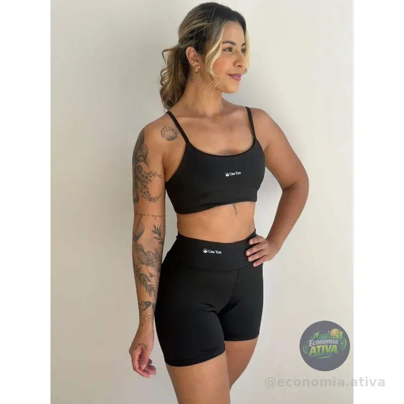 Shorts Meia Coxa Cintura Alta + Top Forrado Suplex UV 50+ Feminino Fitness Academia Kit