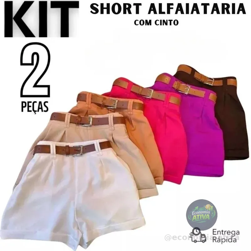 Kit 2 Short Feminino Alfaiataria Social com dois Cinto Cintura Alta PROMOÇÃO