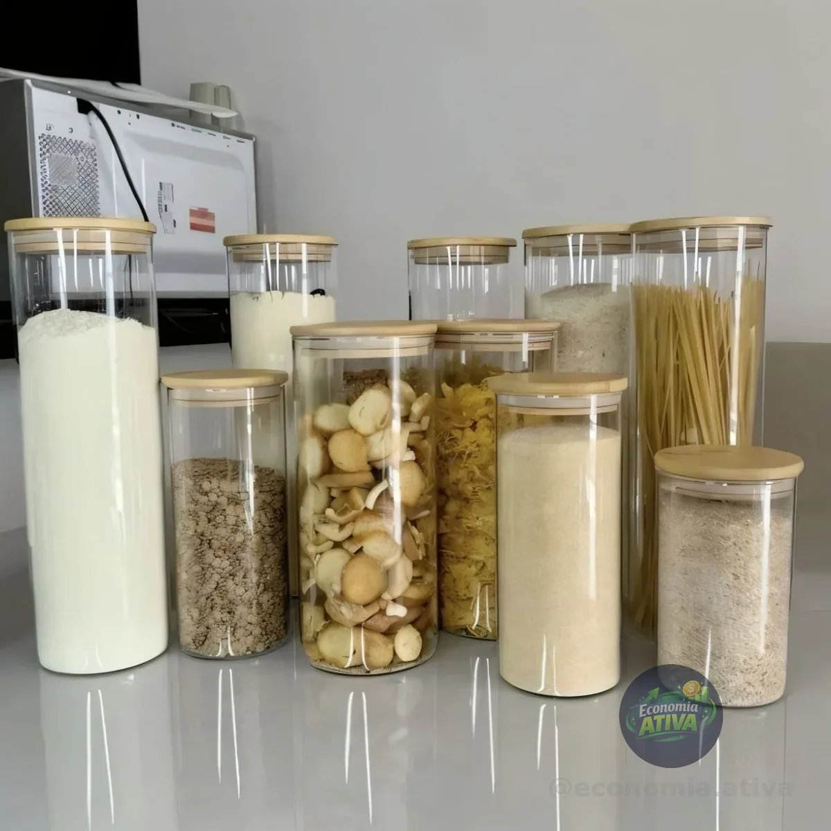Kit 9 Potes Mantimentos Vidro Herméticos Com Tampa Bambu Alta Resistência Epsilon Eps-709 Transparente