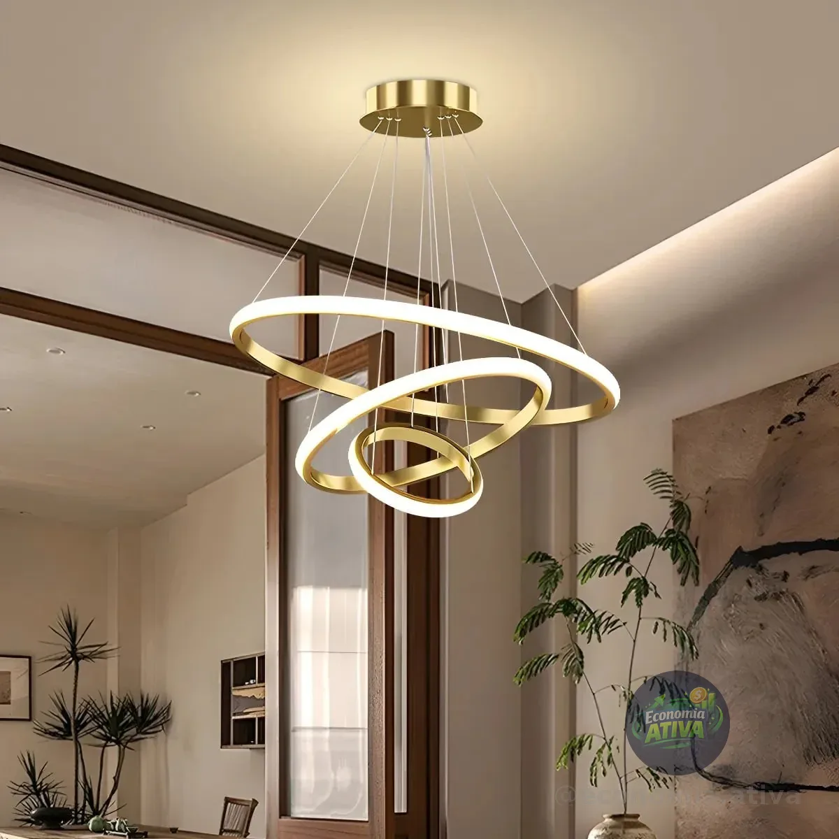 Lustre Led Sala Moderno 60w, 3 Arcos Pendente Luminária Teto 127/220v Dourado