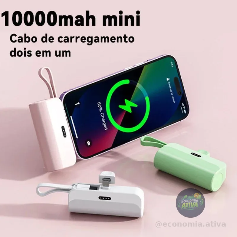 Carregador Portátil Mini Power Bank 10000mAh Com 02 Saídas Tipo-C / Lightning