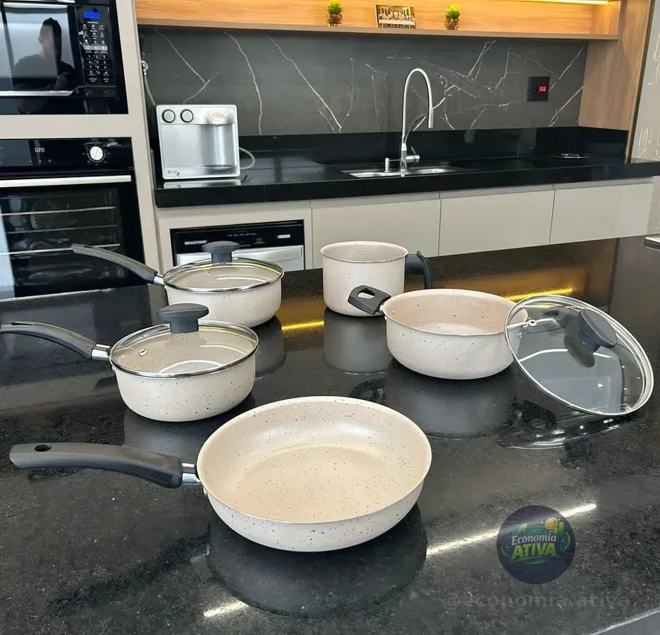 Jogo De Panelas 8 Peças Teflon Antiaderente C Tampa De Vidro Cor Ceramic Cerâmica