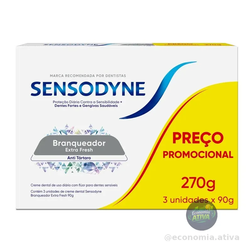 Sensodyne Creme Dental Branqueador Extra Fresh com Flúor, Leve 3, Anti Tártaro, Contra Sensibilidade, 90g cada