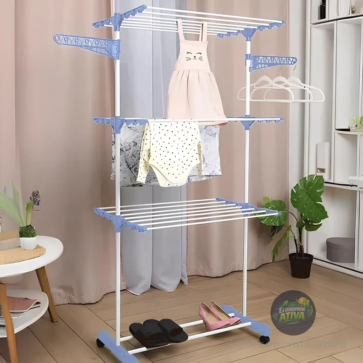 Varal De Chão Grande De Roupas 3 Andares Dobrável Cor Azul Kontuz 170 Cm