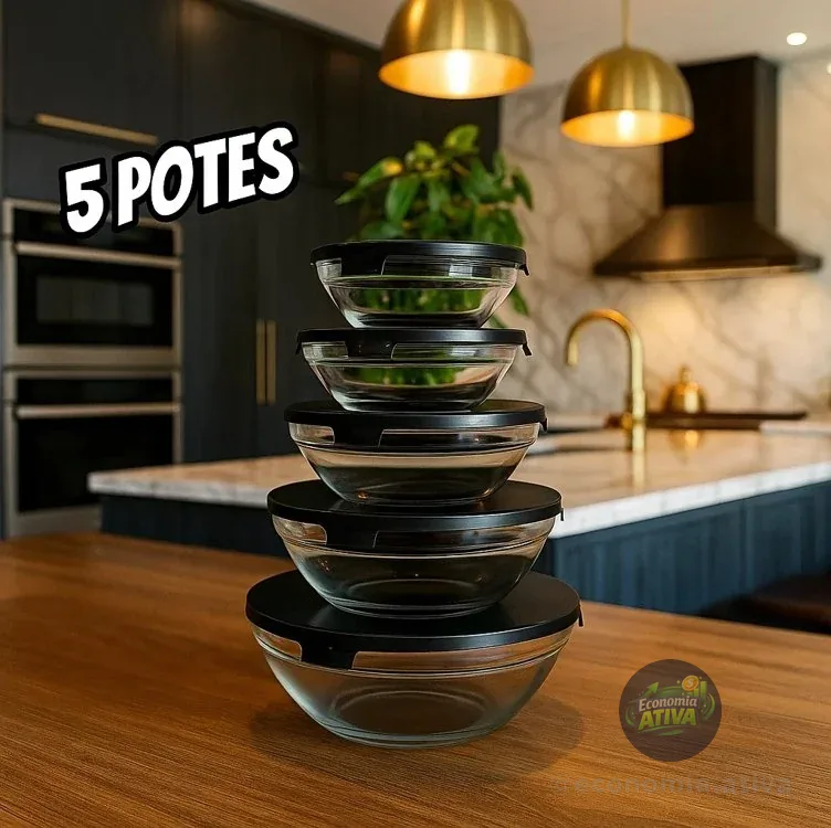 Jogo 5 Potes Bowls Vidro Hermetico Redondo Tigela Com Tampa Vermelho