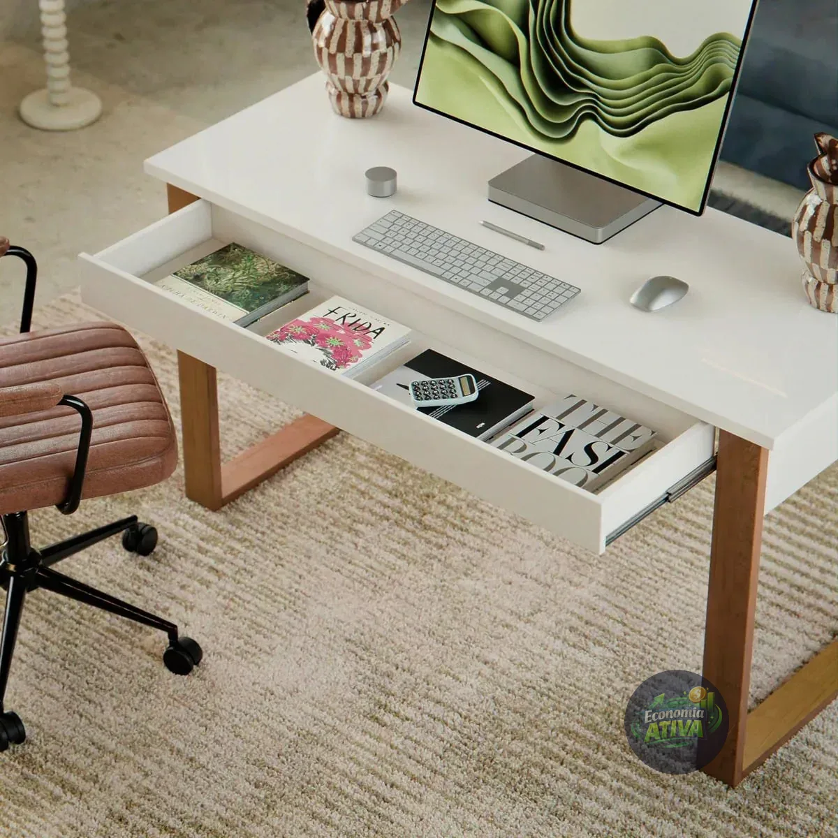 Mesa Escrivaninha Estilo Industrial Com 1 Gaveta P/ Escritório Cor Off White/freijó Casa Lustre Moveis