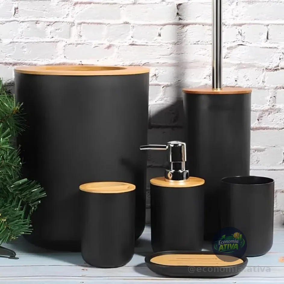 Conjunto Acessórios Kit Completo 6 Peças Para Banheiro Tampa Fechada Copo Multiuso, Escova Sanitária, Cesto De Lixo, Porta Escova, Porta Sabonete Líquido, Saboneteira Cor Preto Sayonara