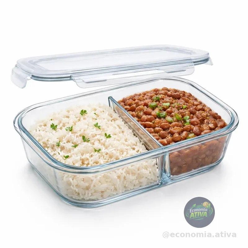 Pote Marmita de Vidro Borossilicato com Divisória | Pote Hermético 2 Compartimentos, 1040ml, 18x13,5x6cm
