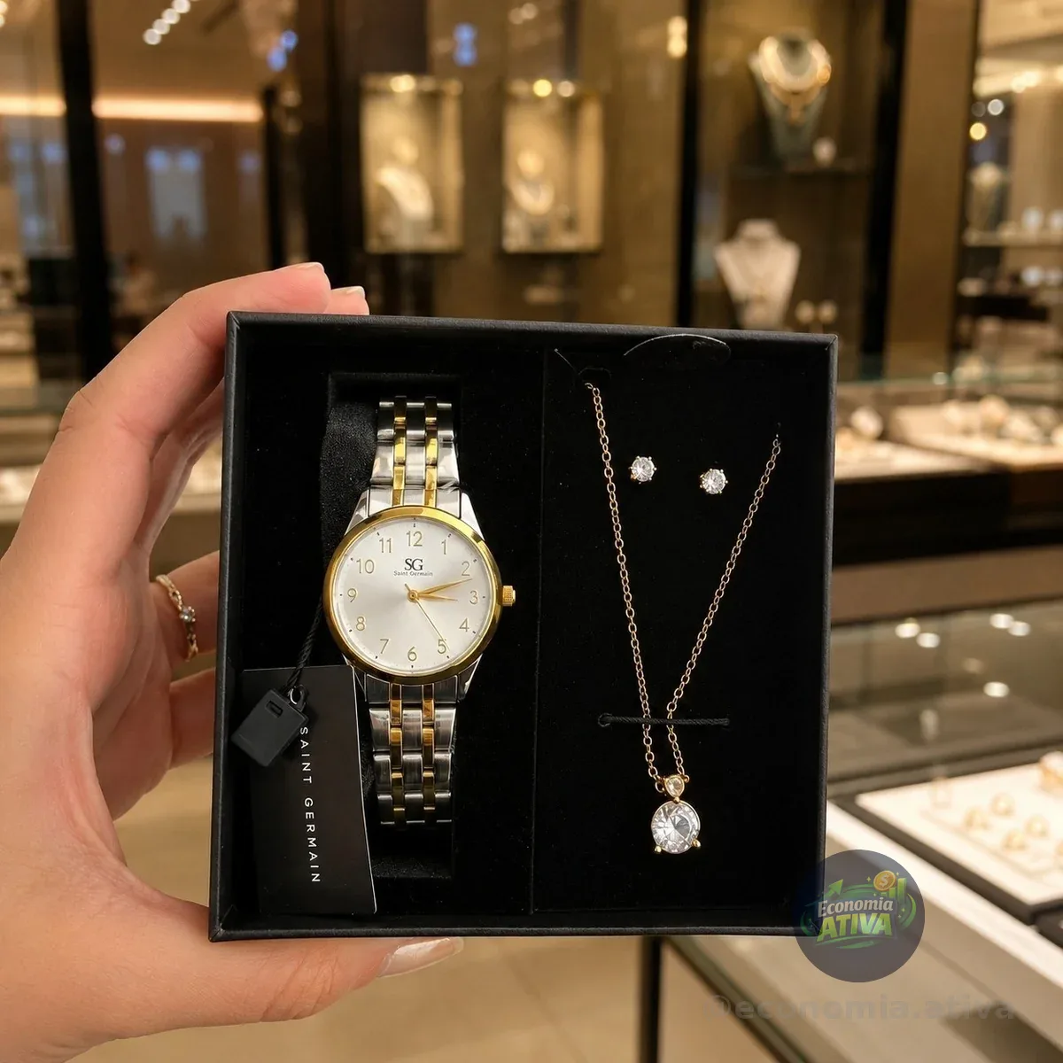 Kit Relógio Colar E Brincos Ponto De Luz Dourado E Prateado Feminino Luxo Saint Germain 28mm