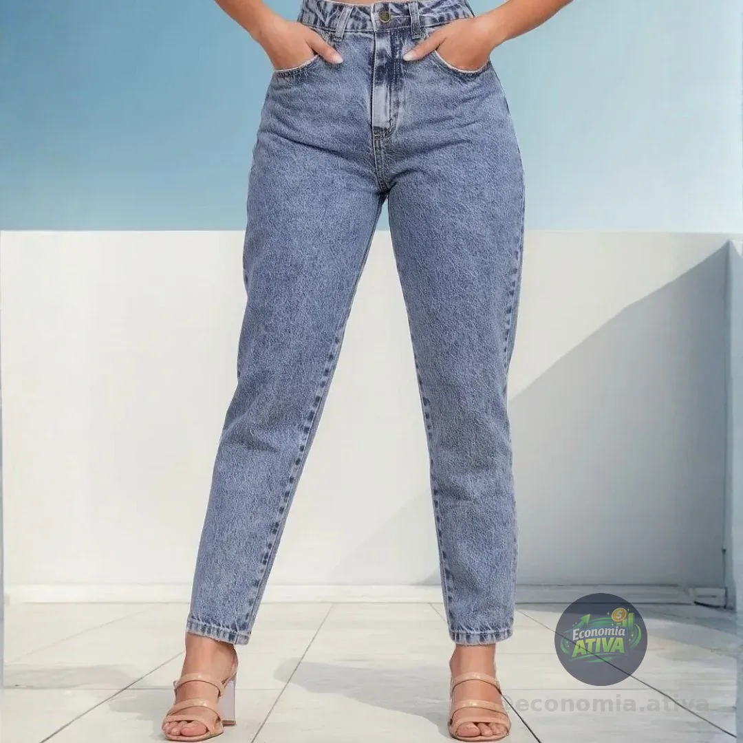 Calça Mom Jeans Feminina Cintura Alta Marmorizada