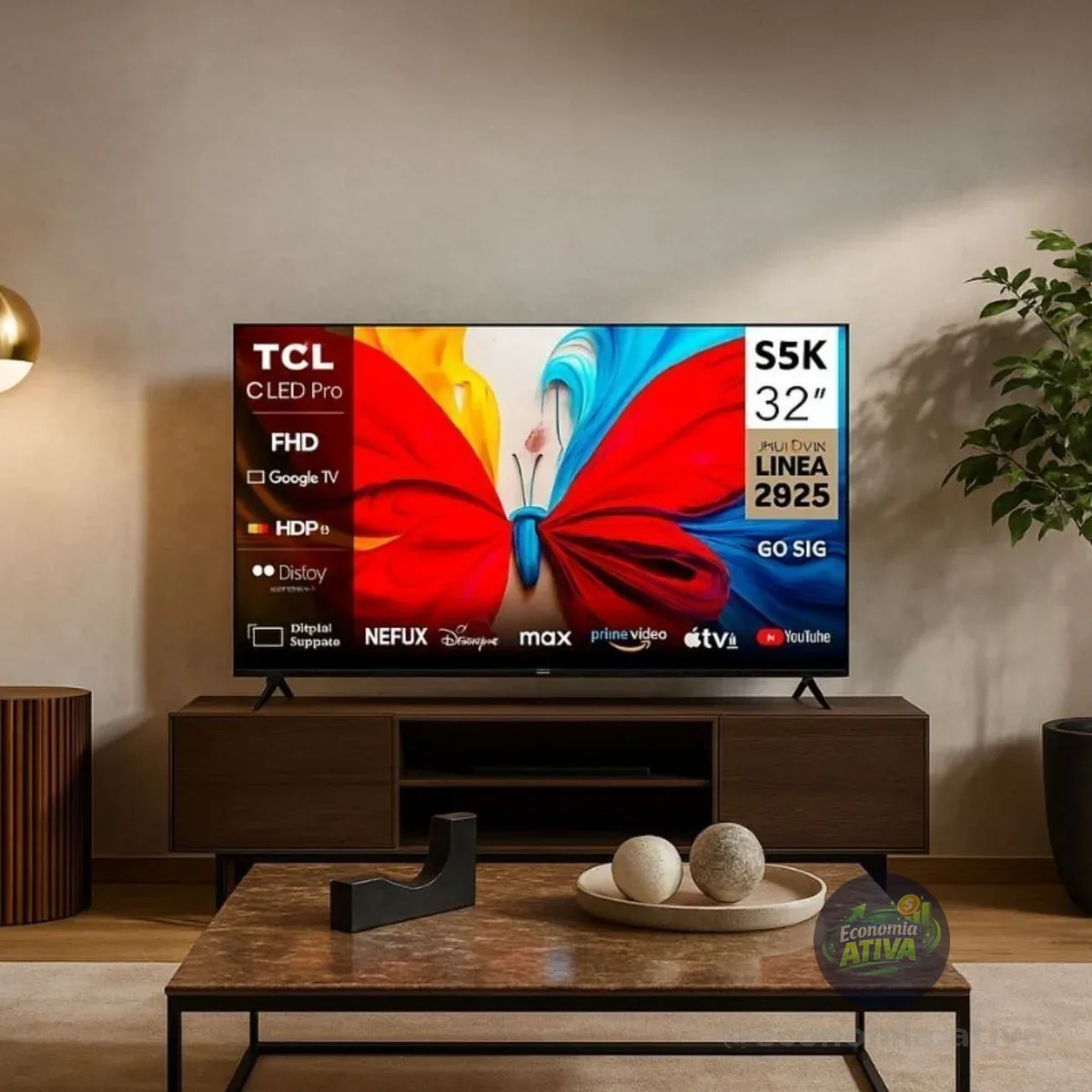 TCL, Smart TV, 32 Polegadas, HD QLED, WiFi, Bluetooth, Google TV, 2 HDMI, HDR10, Dolby Audio, 32S5K