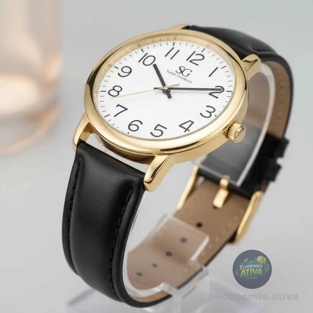 Relógio Masculino Dourado Saint Germain Correia De Couro Preto Caixa Dourada Fundo Branco 40mm Elegante Clássico